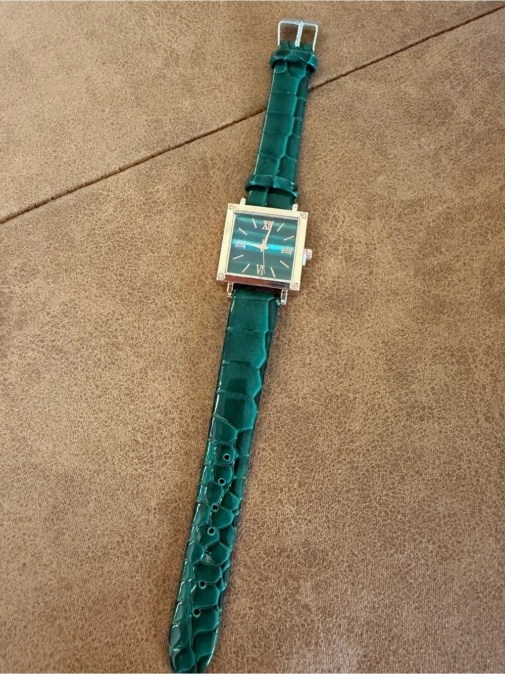 Women's Square Tank Watch - Emerald Green Dial & Roman Numerals - Green Leather